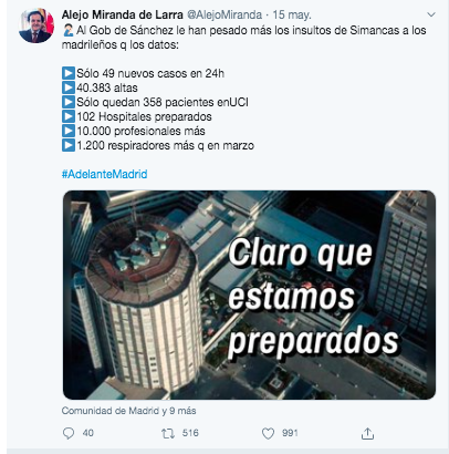 Tuit de Alejo Miranda de Larra, director General de Infraestructuras Sanitarias de  @ComunidadMadrid
