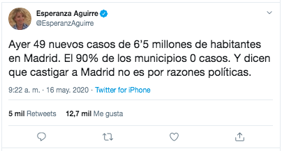 Tuit de Esperanza Aguirre sobre los 49 positivos de Madrid