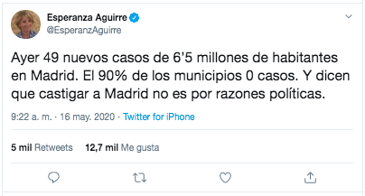 Tuit de Esperanza Aguirre sobre los 49 positivos de Madrid Tuit de Esperanza Aguirre sobre los 49 positivos de Madrid