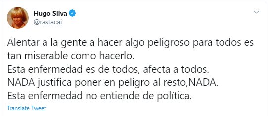 Comentario de Hugo Silva en su cuenta de Twitter acerca de las manifestaciones contra el Gobierno