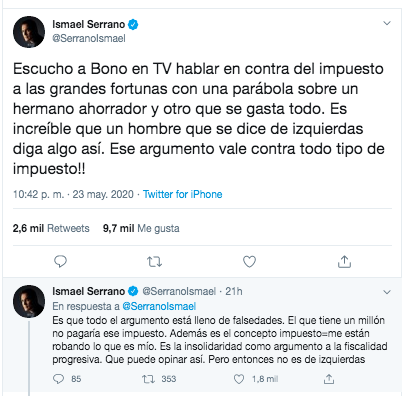 Tuit de Ismael Serrano sobre José Bono