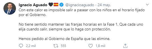 Tuit Ignacio Aguado sobre los horarios de salida de los niños