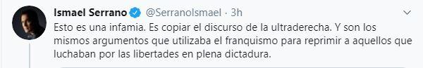 Tuit de Ismael Serrano criticando las palabras de Cayetana Álvarez de Toledo contra el padre de Pablo Iglesias
