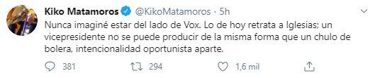 Tuit de Kiko Matamoros sobre Iglesias y Vox