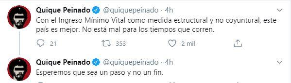 Tuits de Quique Peinado reflexionando sobre el Ingreso Mínimo Vital