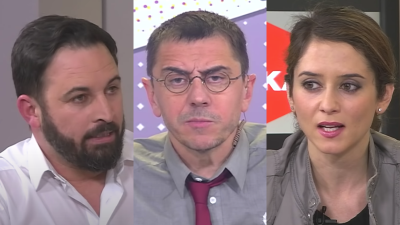 Santiago Abascal, Juan Carlos Monedero e Isabel Díaz Ayuso en La Tuerka