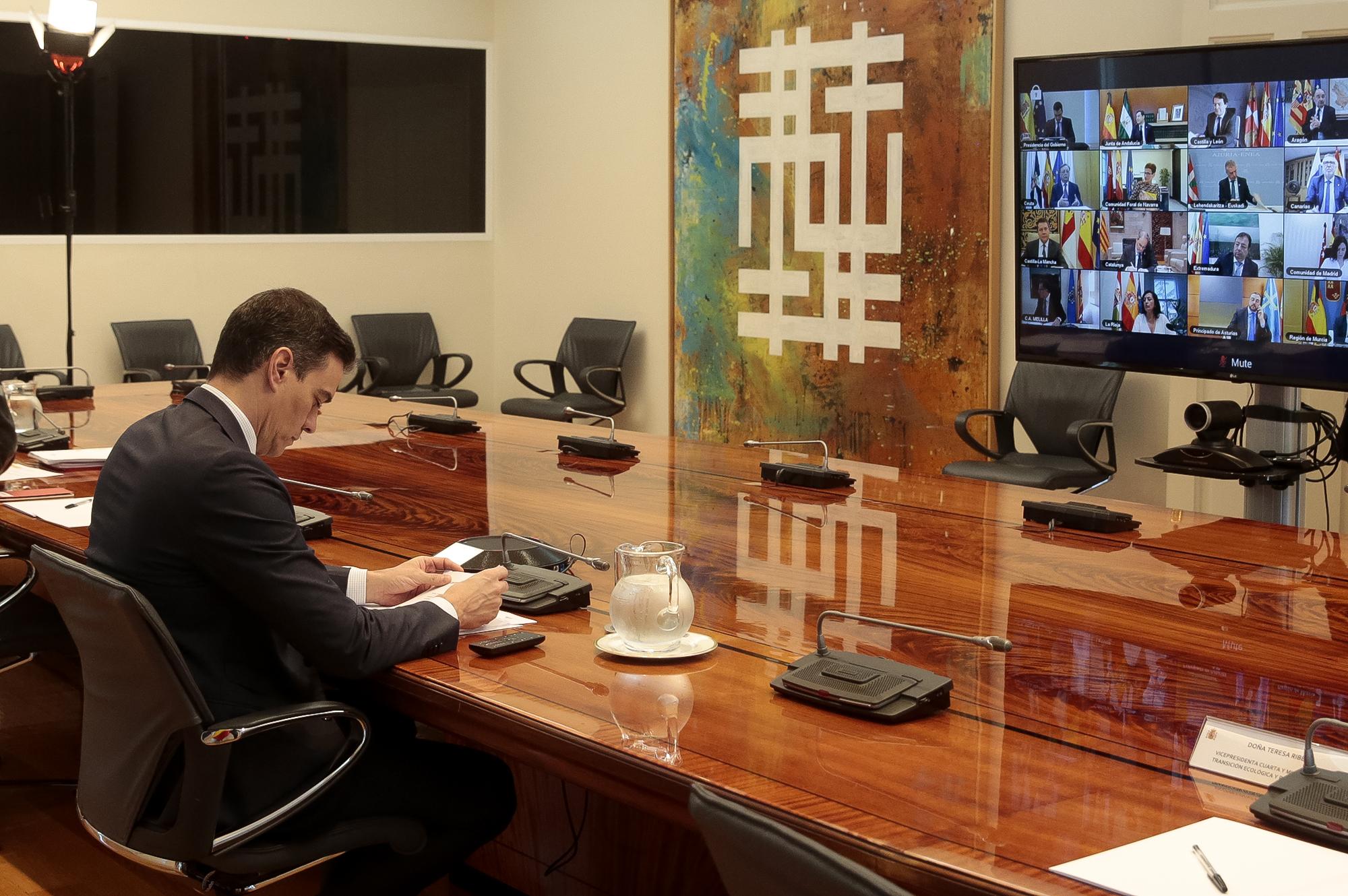 El presidente del Gobierno, Pedro Sánchez, se reúne con los presidentes autonómicos por videoconferencia, en Madrid (España)