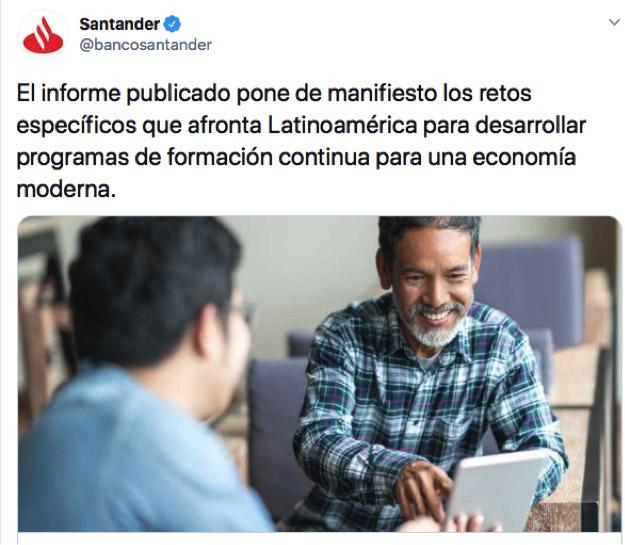 Tuit de Banco Santander sobre el impulso de la educación en Latinoamérica