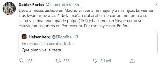 Tuit Xabier Fortes respondiendo a una crítica