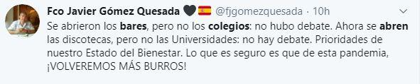 Un usuario se pregunta en un tuit sobre por qué se han abierto antes bares que colegios en la desescalada