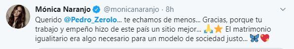 Tuit de Mónica Naranjo recordando a Pedro Zerolo