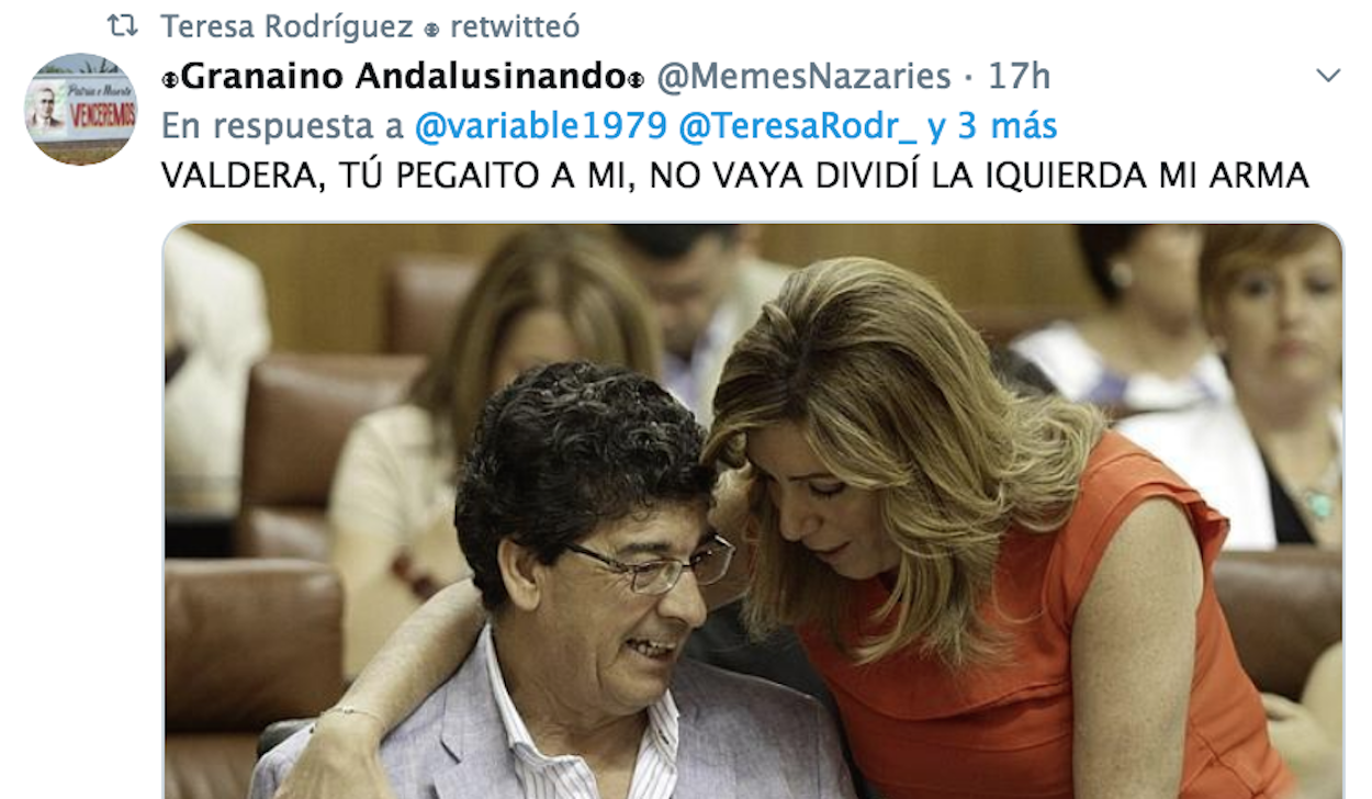 Captura de pantalla del mensaje que remeda el acento tantas veces defendido por Teresa Rodríguez.