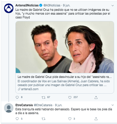 Captura comentario Twitter sobre la madre del niño Gabriel Captura comentario Twitter sobre la madre del niño Gabriel