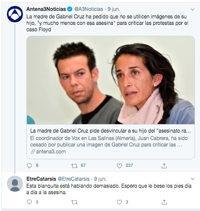 Captura comentario Twitter sobre la madre del niño Gabriel