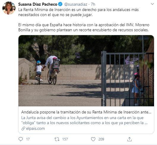 Tuit Susana Díaz sobre la Renta Mínima de Inserción