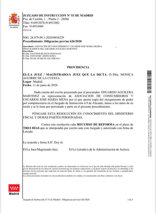 Auto del Juzgado de Instrucción número 53 para investigar a Fernando Simón