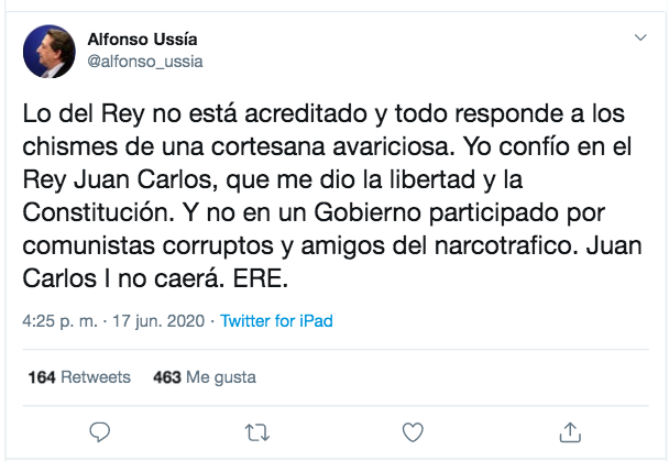 Tuit Alfonso Ussía en defensa de Juan Carlos I