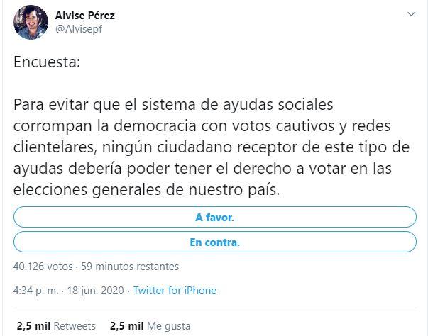 Alvise Pérez plantea que los pobres no tengan derecho a voto
