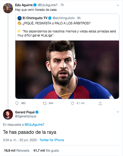 Tuit de Gerard Pique y Edu Aguirre