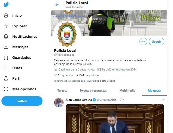 Captura de pantalla de la cuenta oficial de la Policía Local de Castilleja de la Cuesta. Captura de pantalla de la cuenta oficial de la Policía Local de Castilleja de la Cuesta.
