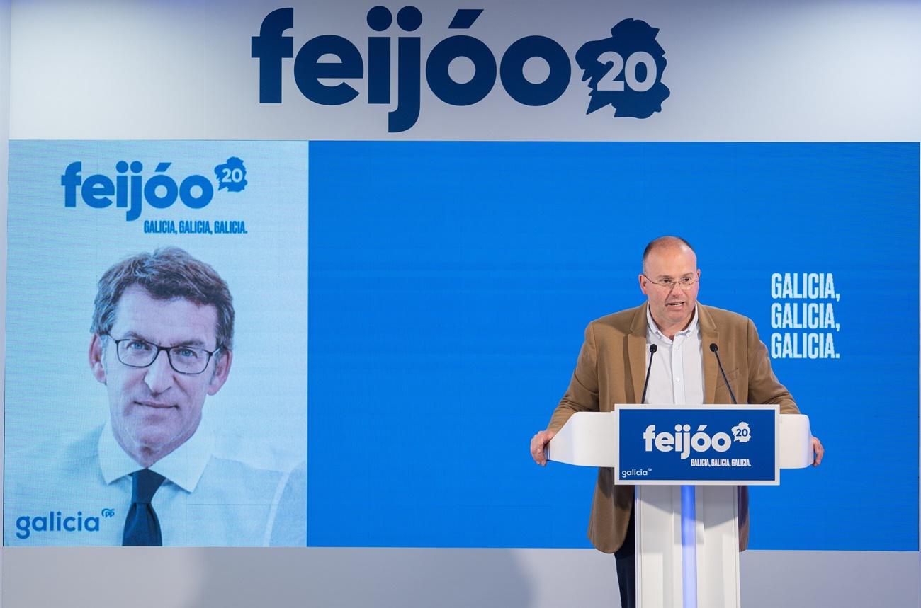 Miguel Tellado, secretario general PPdeG, hoy presentando la imagen de la campaña de Núñez Feijóo de cara al 12J.