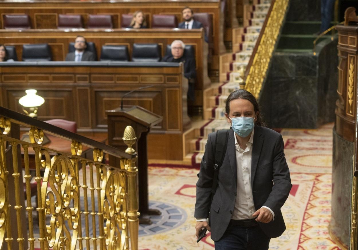 El vicepresidente segundo del Gobierno, Pablo Iglesias, en el Congreso durante el Pleno en que se ha discutido sobre la nueva Ley de Educación y los nuevos plazos de la Ley de Enjuiciamiento