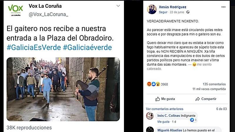 El tuit de VOX A Coruña con la foto en la que aparece el músico y sus reflexiones en Facebook diciendo que es "asqueroso" (Foto: Facebook)