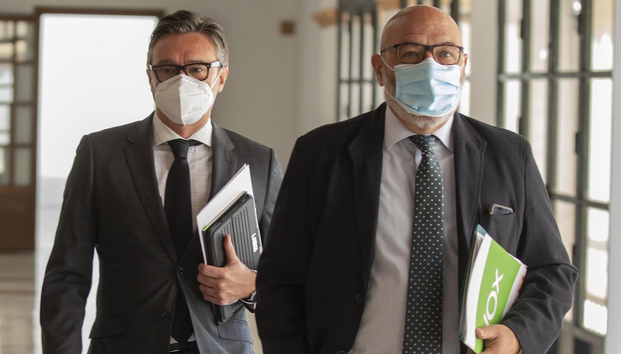 El portavoz del grupo parlamentario Vox, Alejandro Hernández (d), junto al diputado de Vox. Manuel Gavira. MARÍA JOSÉ LÓPEZ EP