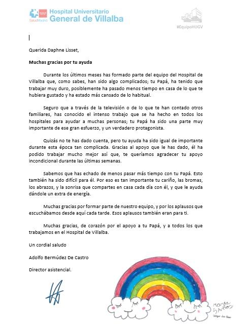 Carta enviada por el Hospital de Villalba a los hijos de los sanitarios