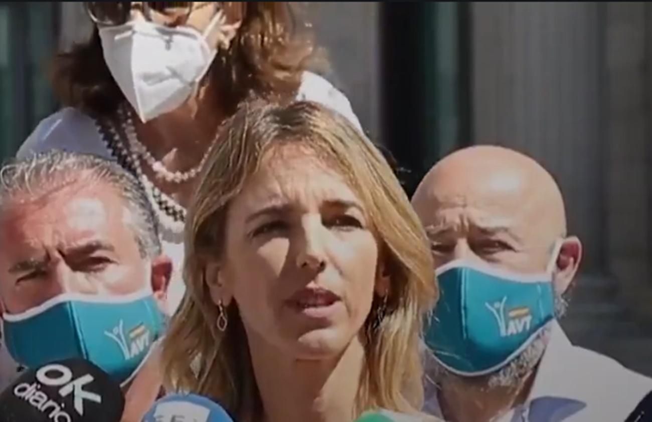 Cayetana Álvarez de Toledo frente al Congreso con los integrantes de la AVT