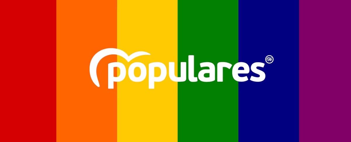 Logo del PP sobre la bandera arcoiris