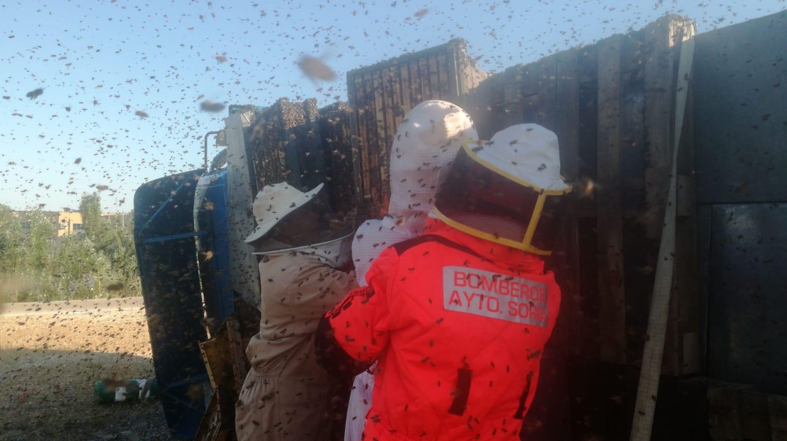 Los bomberos de Soria actúan en el vuelco de un camión cargado de abejas. AYUNTAMIENTO SORIA