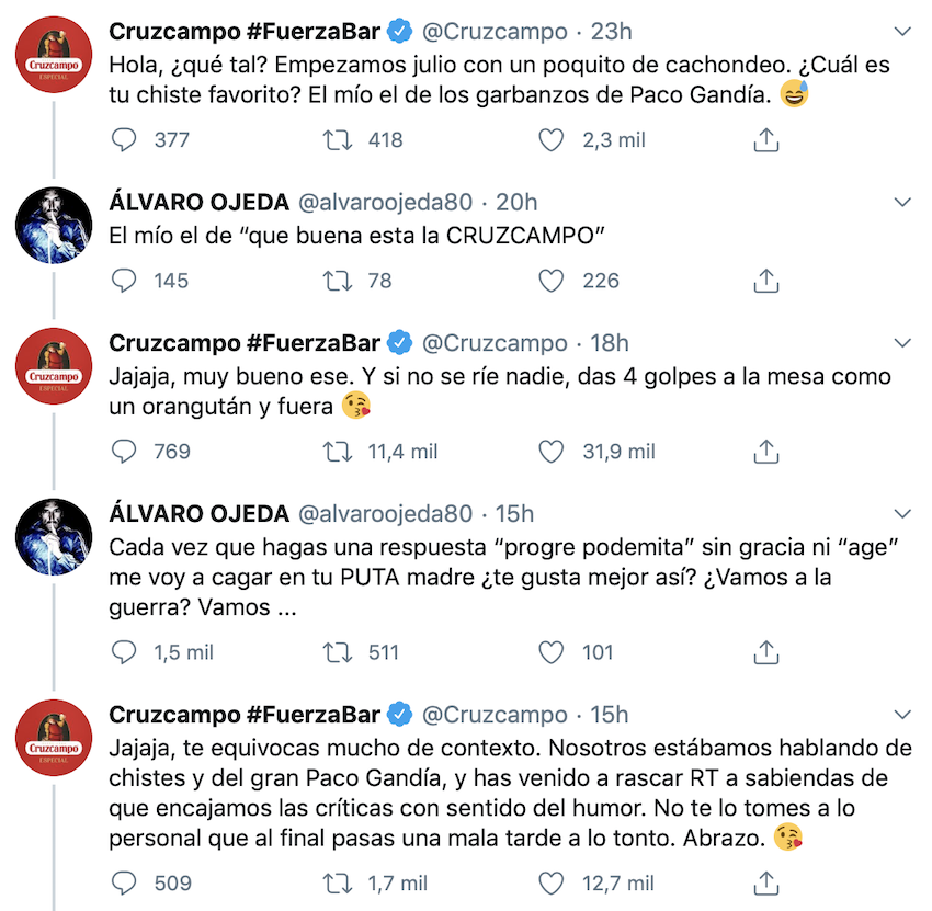 Tuits de Cruzcampo y Álvaro Ojeda