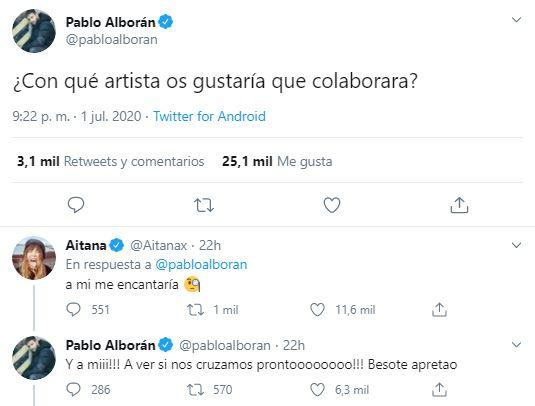 Tuit de Pablo Alborán y Aitana sobre una colaboración