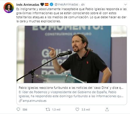 Mensaje de Inés Arrimadas sobre Pablo Iglesias y el caso Dina