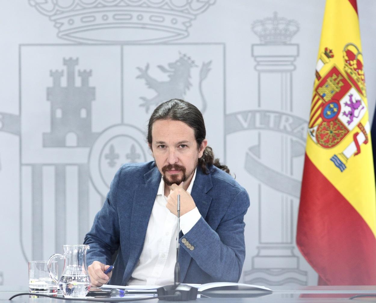 El vicepresidente y ministro de Derechos Sociales y Agenda 2030, Pablo Iglesias, durante su intervención en la rueda de prensa posterior al Consejo de Ministros en Moncloa