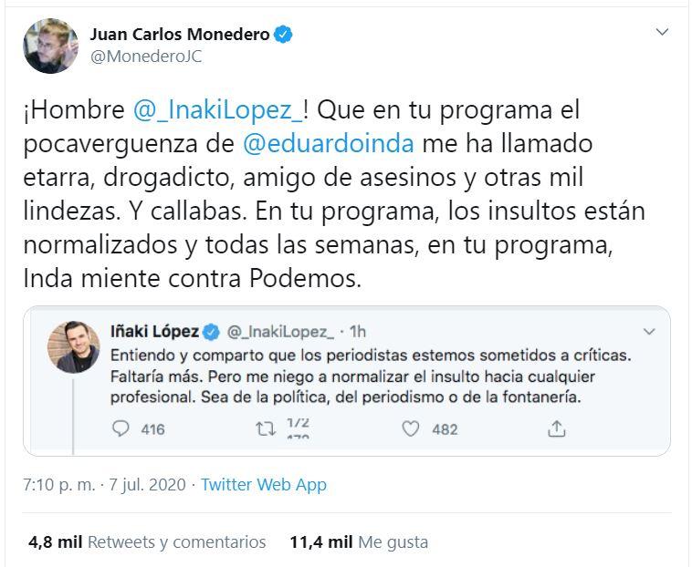 Tuit de Juan Carlos Monedero sobre Iñaki López