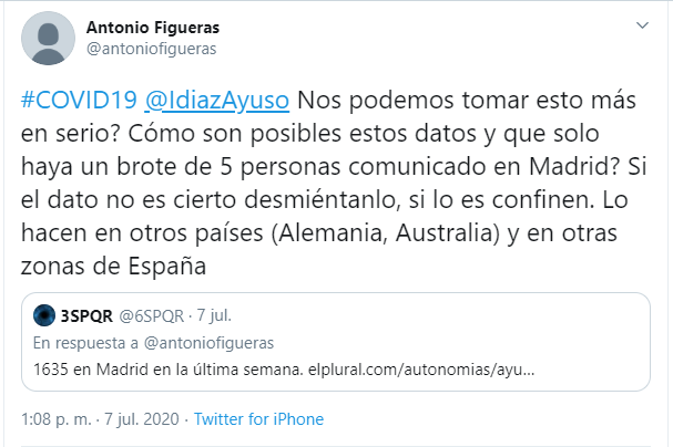 Tweet de Antonio Figueras a Isabel Díaz Ayuso.