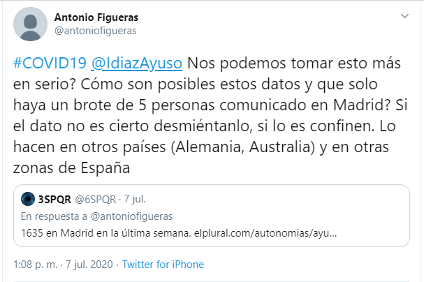 Tweet de Antonio Figueras a Isabel Díaz Ayuso. Tweet de Antonio Figueras a Isabel Díaz Ayuso.