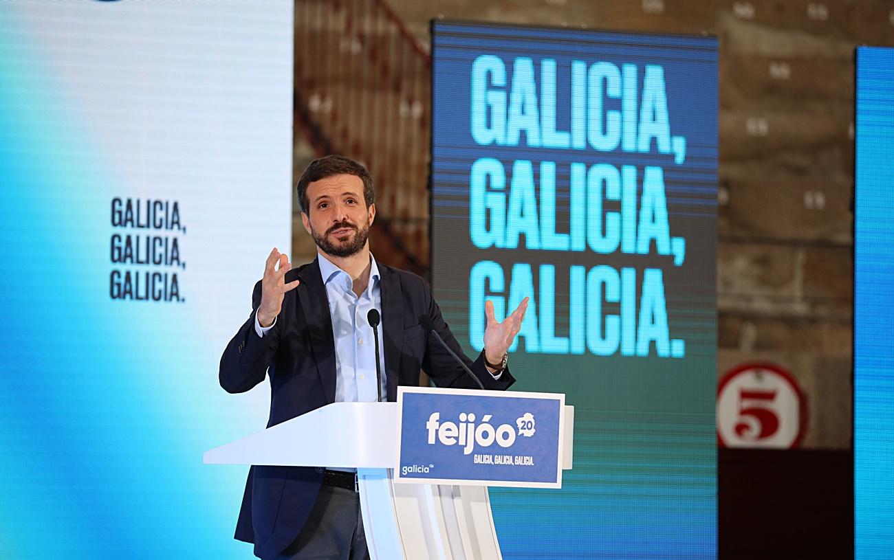 Pablo Casado, que no estará en el cierre de campaña en Galicia, durante el acto electoral de hace unos días en Pontevedra.