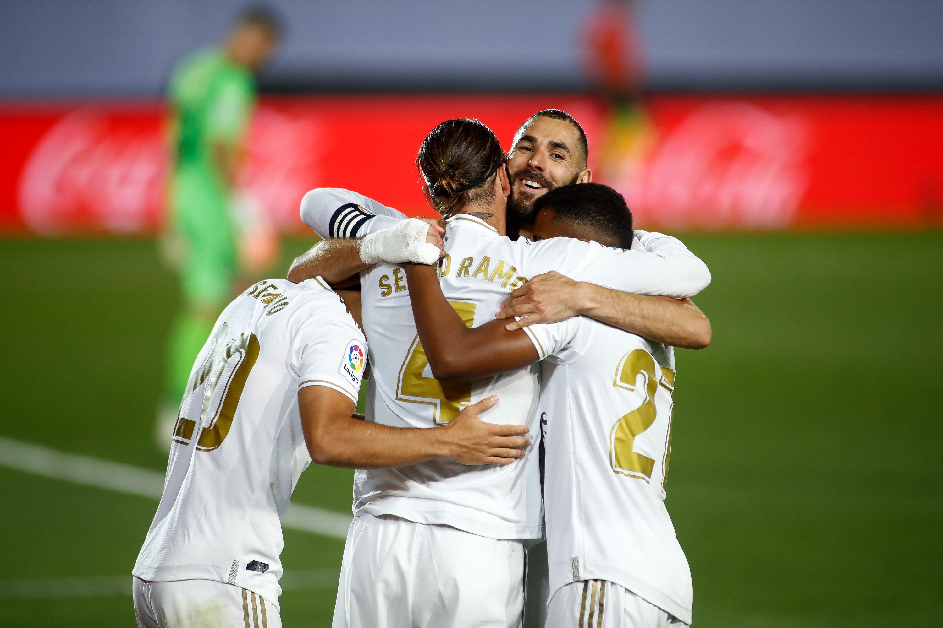 Los jugadores del Real Madrid celebran el gol de Sergio Ramos al Getafe. Fuente: Europa Press.