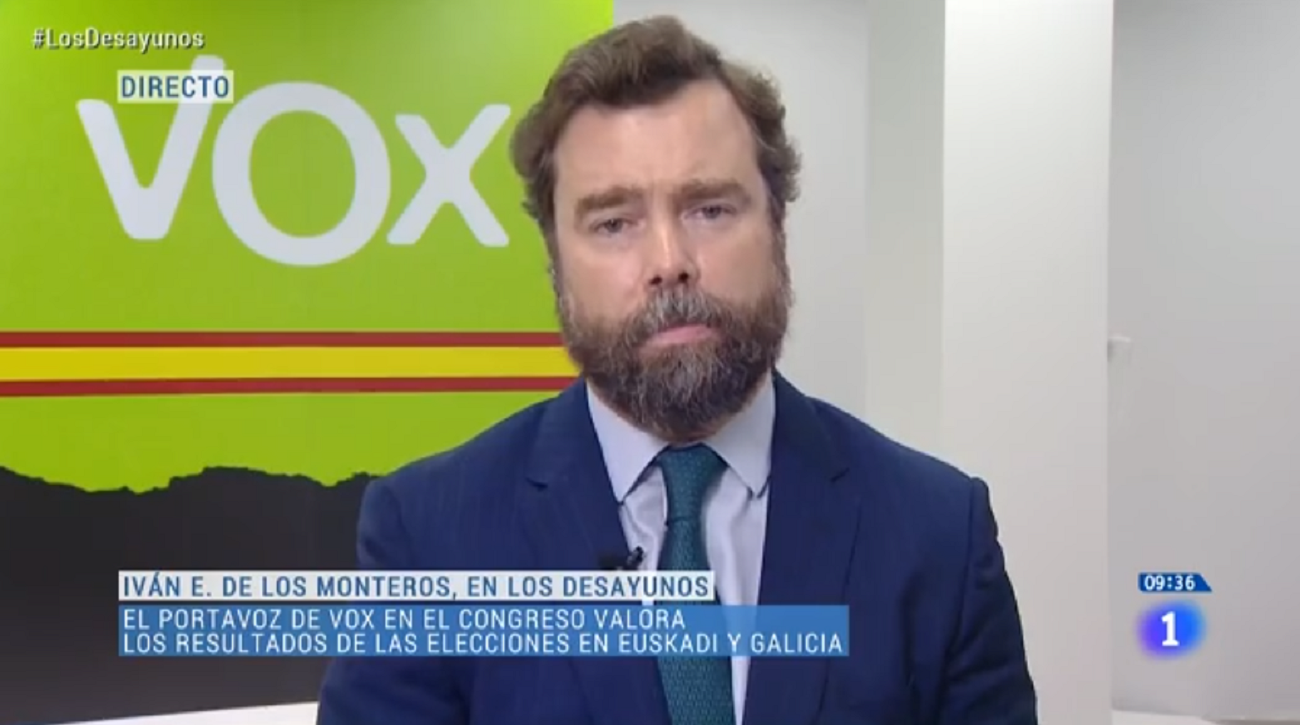 El portavoz de Vox en el Congreso, Iván Espinosa de los Monteros, durante su intervención en 'Los desayunos de TVE'. Fuente: RTVE.