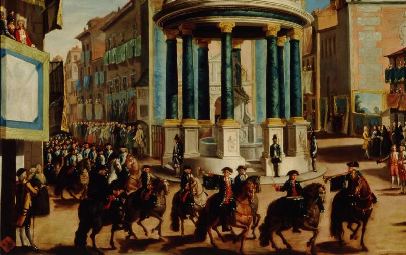 Detalle de la comitiva que acompañaba al rey en su entrada a Madrid. Óleo de Lorenzo de Quirós