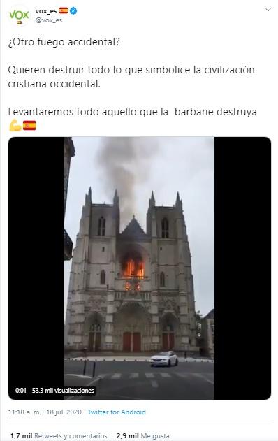 Mensaje de Vox el incendio de la catedral de Nantes
