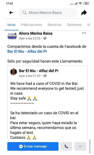 Advertencia bar sobre caso positivo de Covid