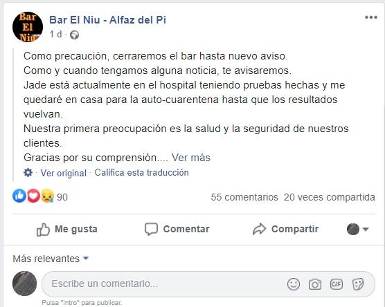 Mensaje cierre bar por caso Covid