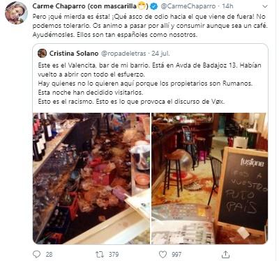 Mensaje de Carme Chaparro sobre el destrozo racista de un bar Mensaje de Carme Chaparro sobre el destrozo racista de un bar