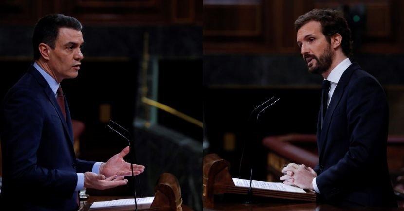 Montaje de Pedro Sánchez y Pablo Casado desde la tribuna de oradores del Congreso. Fuente: Europa Press.