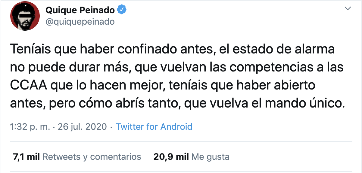 Tweet de Quique Peinado