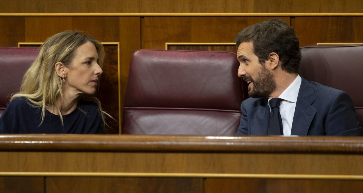 El presidente del PP, Pablo Casado, sentado junto a la protavoz parlamentaria, Cayetana Álvarez de Toledo